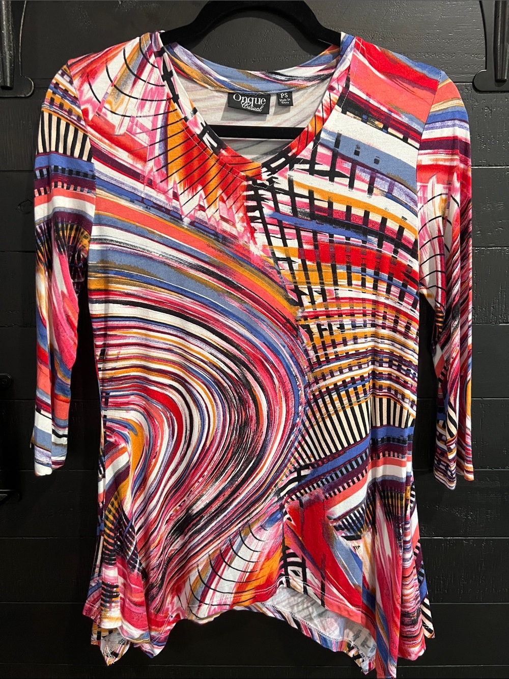 Onque Casuals Multicolor Abstract Long Sleeve V-Neck Top